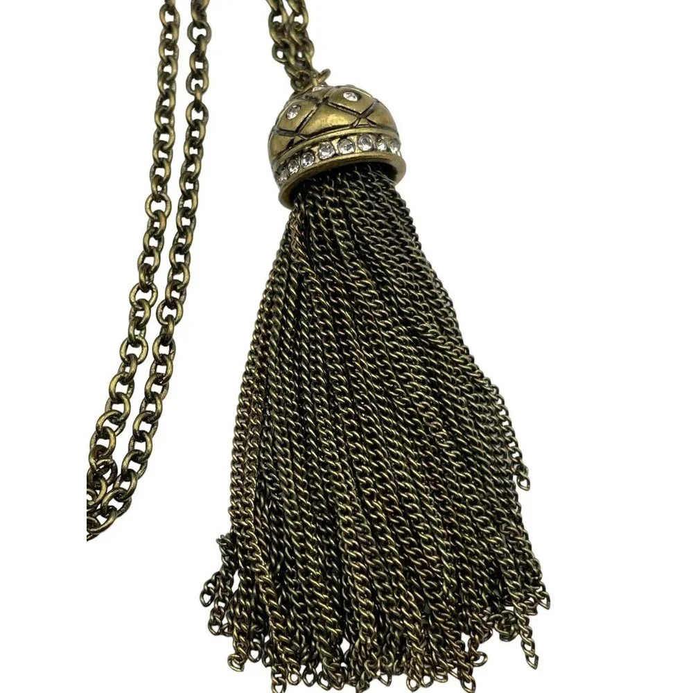 J Crew Pavé Clear Rhinestone Dome Tassel Chain Necklace‎ Gold Tone Adjustable